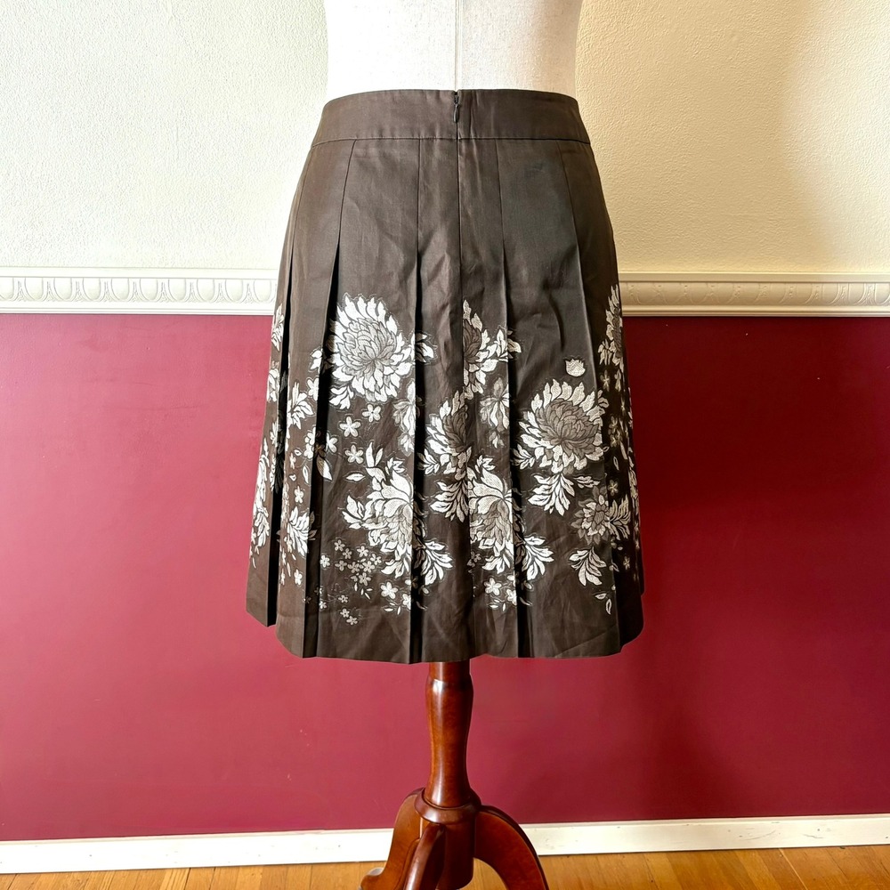 Ann Taylor Petites Brown Floral Jacquard Cotton Silk Pleated A-Line Skirt 14P - Picture 3 of 9
